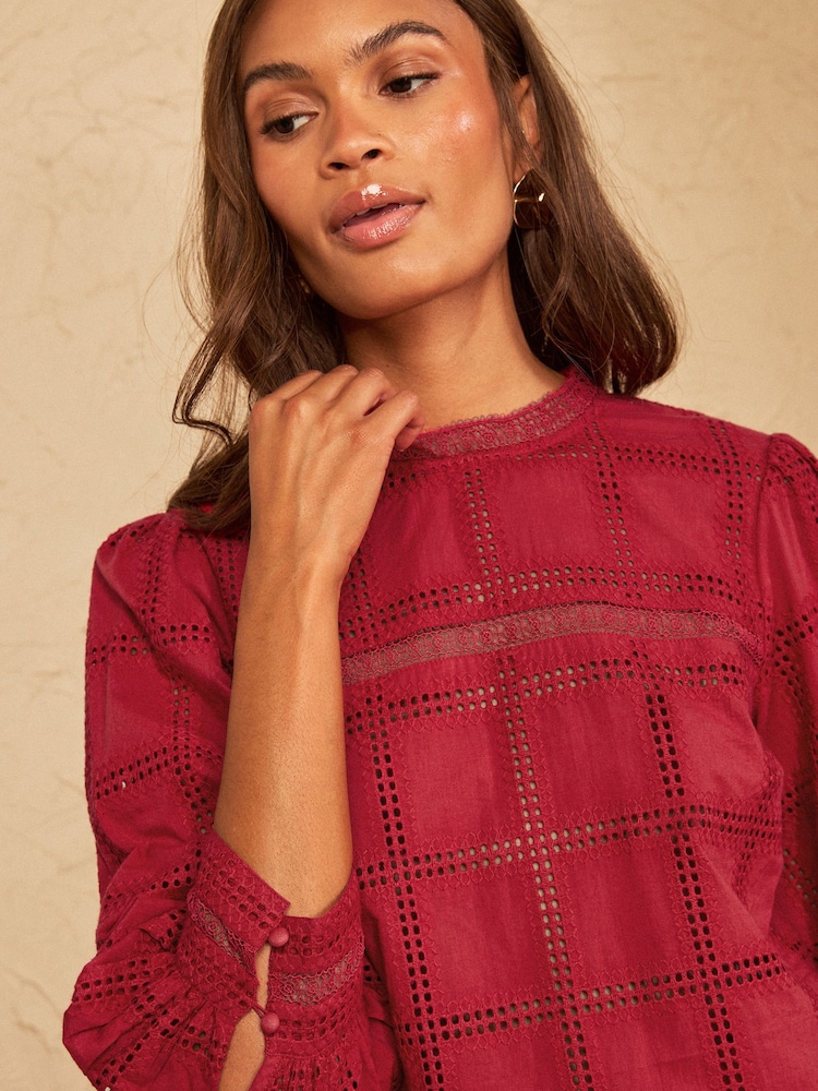 Love & Roses Red 3/4 Sleeve Grid Broderie Blouse - Image 2 of 4