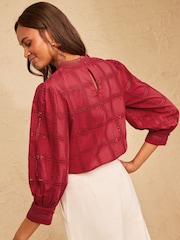 Love & Roses Red 3/4 Sleeve Grid Broderie Blouse - Image 4 of 4