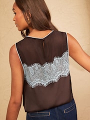 Love & Roses Chocolate Brown Lace Yoke Detail Satin Shell Top - Image 4 of 4