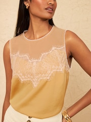 Love & Roses Butter Yellow Petite Lace Yoke Detail Satin Shell Top - Image 2 of 5