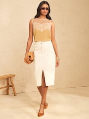 Love & Roses Butter Yellow Petite Lace Yoke Detail Satin Shell Top - Image 3 of 5