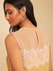 Love & Roses Butter Yellow Petite Lace Yoke Detail Satin Shell Top - Image 4 of 5