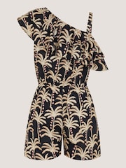 Monsoon Black One Shoulder Palm Print Frill Playsuit - Image 1 of 4