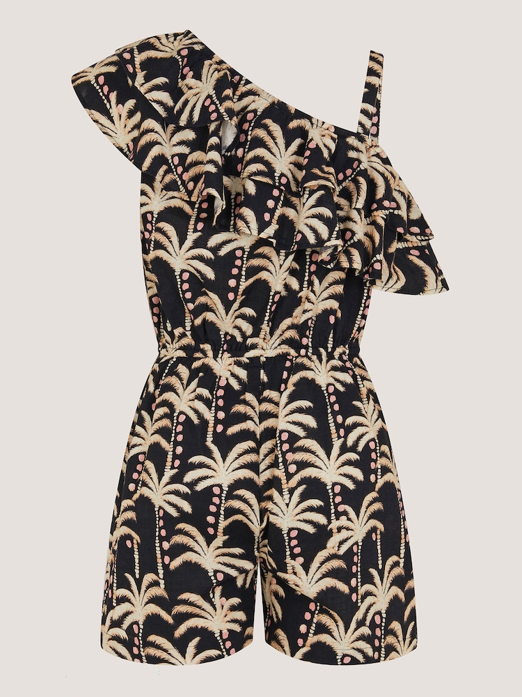 Monsoon Black One Shoulder Palm Print Frill Playsuit - Image 1 of 4 Monsoon Black One Shoulder Palm Print Frill Playsuit - Image 1 of 4