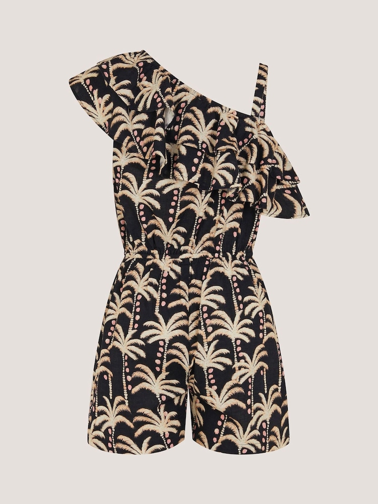 Monsoon Black One Shoulder Palm Print Frill Playsuit - Image 2 of 4 Monsoon Black One Shoulder Palm Print Frill Playsuit - Image 2 of 4