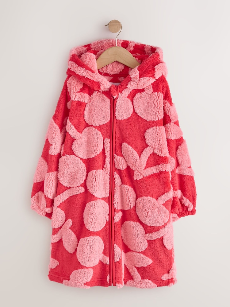 Red/Pink Cherry Jacquard Fleece Hooded Blanket Poncho (3-16yrs) - Image 1 of 4 Red/Pink Cherry Jacquard Fleece Hooded Blanket Poncho (3-16yrs) - Image 1 of 4