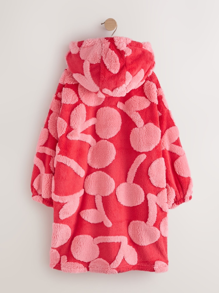 Red/Pink Cherry Jacquard Fleece Hooded Blanket Poncho (3-16yrs) - Image 2 of 4 Red/Pink Cherry Jacquard Fleece Hooded Blanket Poncho (3-16yrs) - Image 2 of 4