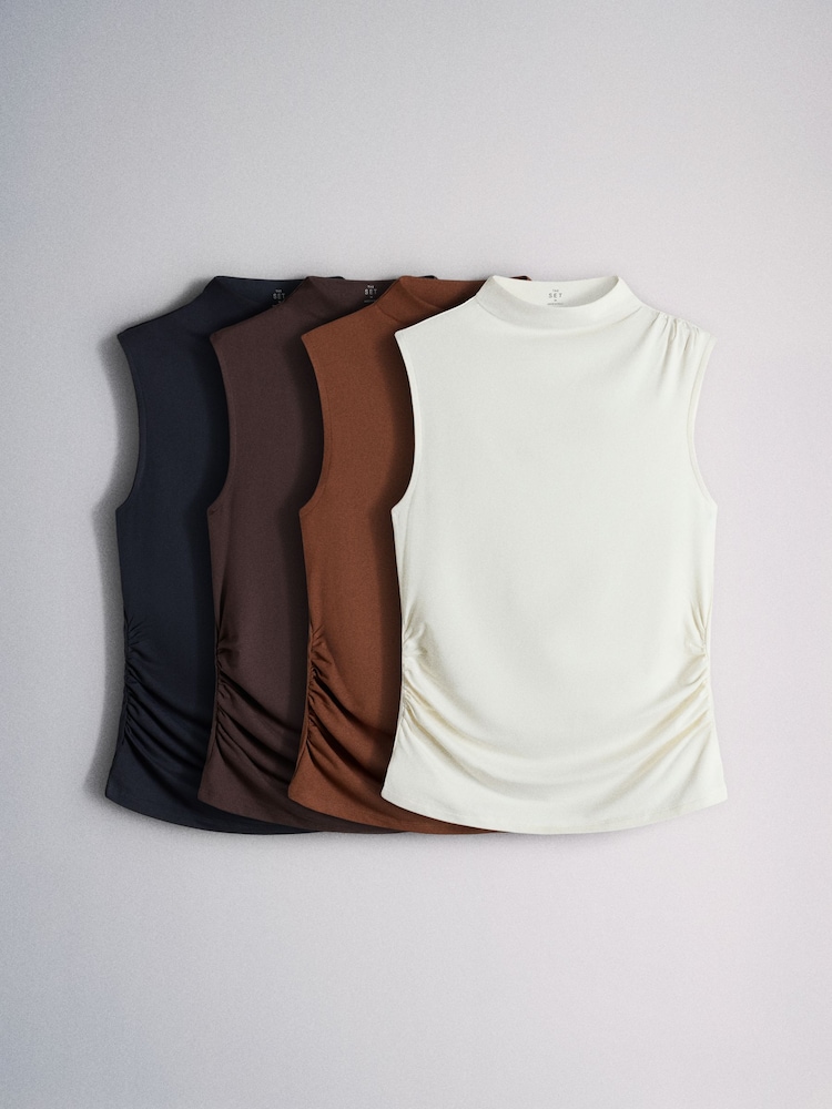 The Set 4 Pack High Neck Drape Sleeveless Tops Navy/Brown/Cream/Tan - Image 2 of 13