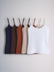 The Set 5 Pack Strappy Cami Vest Tops Navy/Brown/Stripe/Ochre/White - Image 1 of 8