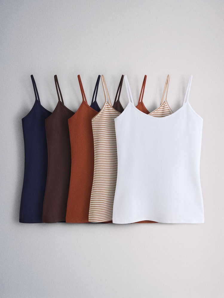 The Set 5 Pack Strappy Cami Vest Tops Navy/Brown/Stripe/Ochre/White - Image 1 of 8 The Set 5 Pack Strappy Cami Vest Tops Navy/Brown/Stripe/Ochre/White - Image 1 of 8
