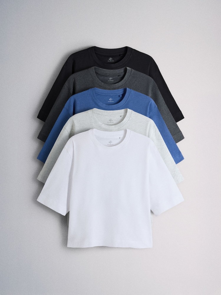 The Set 5 Pack Heavyweight Relaxed Short Sleeve T-Shirts Black/Cobalt Blue/Charcoal/Grey Marl/White - Image 1 of 8 The Set 5 Pack Heavyweight Relaxed Short Sleeve T-Shirts Black/Cobalt Blue/Charcoal/Grey Marl/White - Image 1 of 8