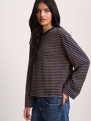 The Set 4 Pack Heavyweight Relaxed Long Sleeve T-Shirts Brown/Navy Stripe/Cream - Image 1 of 11
