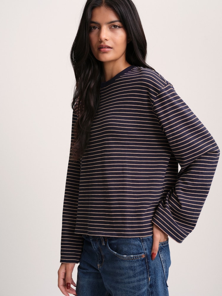 The Set 4 Pack Heavyweight Relaxed Long Sleeve T-Shirts Brown/Navy Stripe/Cream - Image 1 of 11