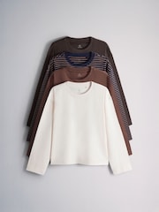 The Set 4 Pack Heavyweight Relaxed Long Sleeve T-Shirts Brown/Navy Stripe/Cream - Image 2 of 11
