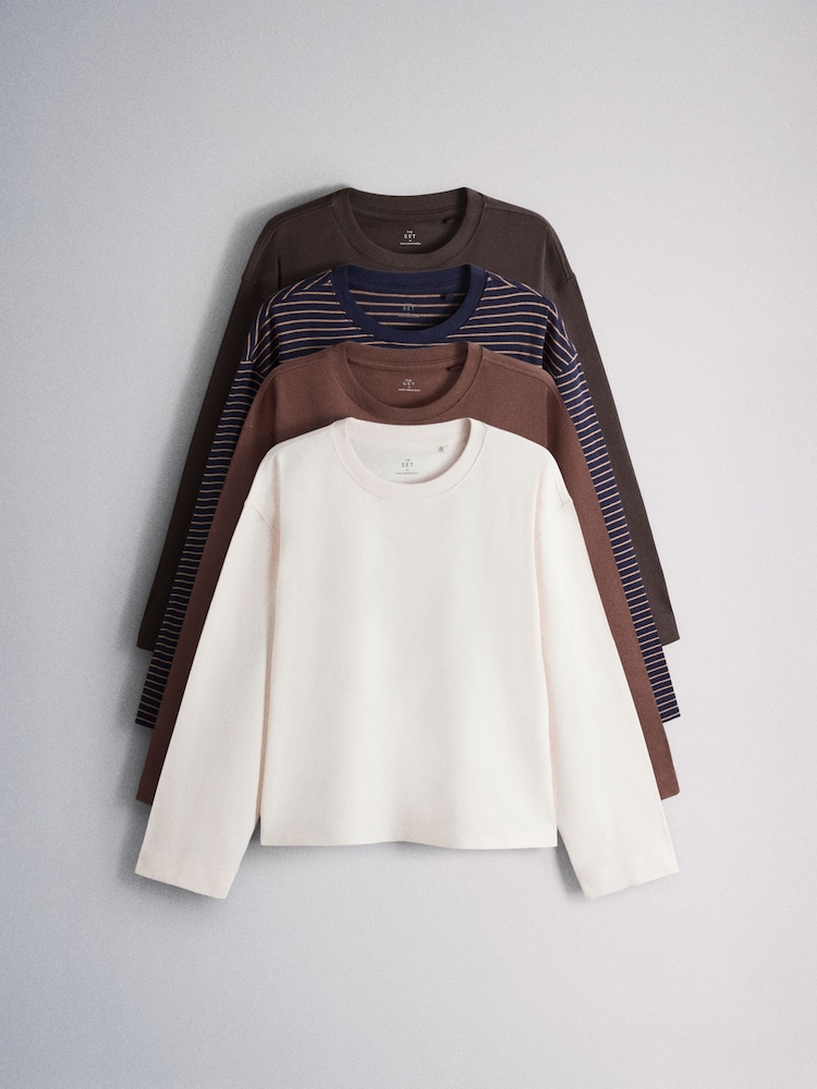 The Set 4 Pack Heavyweight Relaxed Long Sleeve T-Shirts Brown/Navy Stripe/Cream - Image 2 of 11