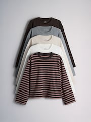 The Set 5 Pack Heavyweight Relaxed Long Sleeve T-Shirts Brown/Grey Marl/Stripe/Neutral/Cream - Image 1 of 8