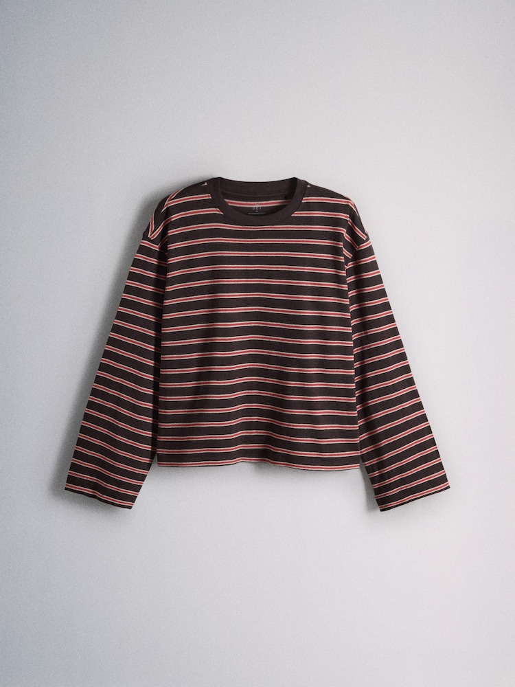 The Set 5 Pack Heavyweight Relaxed Long Sleeve T-Shirts Brown/Grey Marl/Stripe/Neutral/Cream - Image 2 of 8
