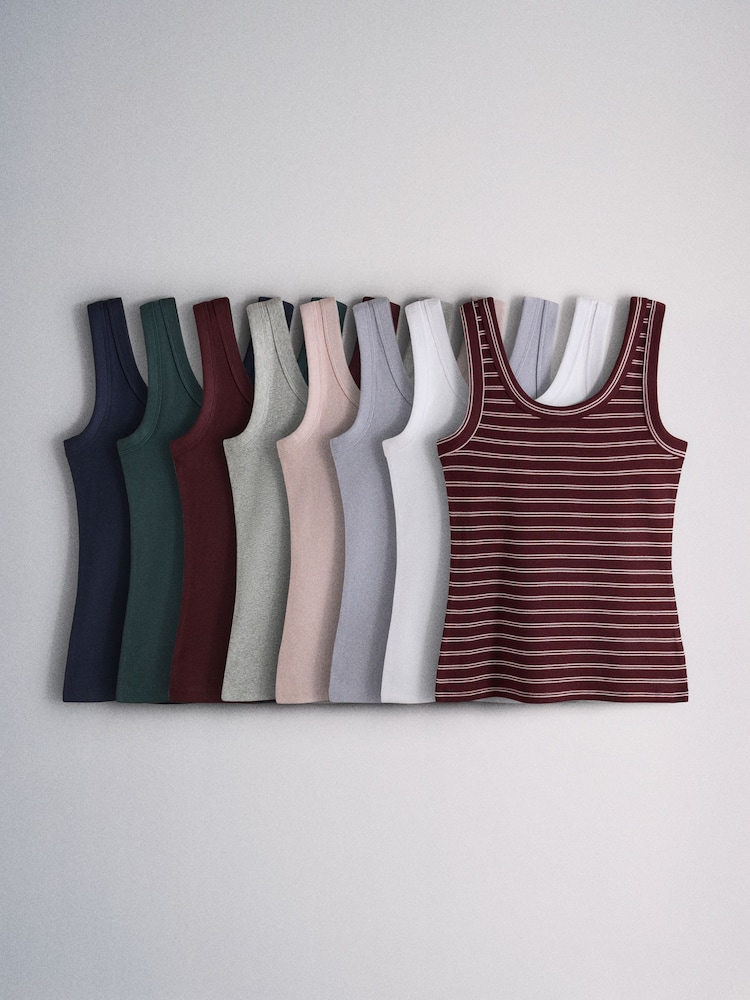 The Set 8 Pack Ribbed Scoop Vests Burgundy Red/Navy Blue/Stripe/Pink/Grey Marl/Blue - Image 1 of 11