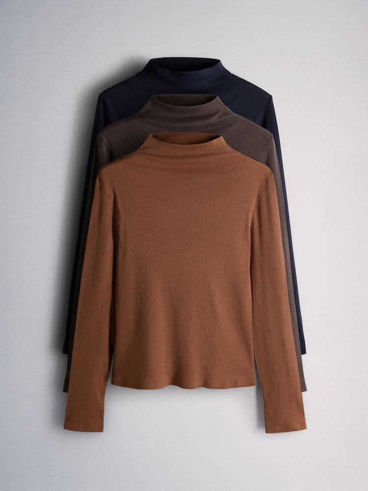 The Set 3 Pack Long Sleeve High Neck Ribbed T-Shirts - 2 paveikslėlis iš 9