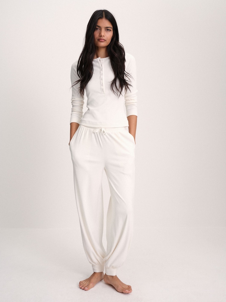 The Set Soft Cream Henley and Balloon Pant Lounge Co-Ord Set Cream - Image 1 of 11