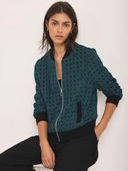 Mint Velvet Green Geometric Lace Bomber Jacket - Image 1 of 7