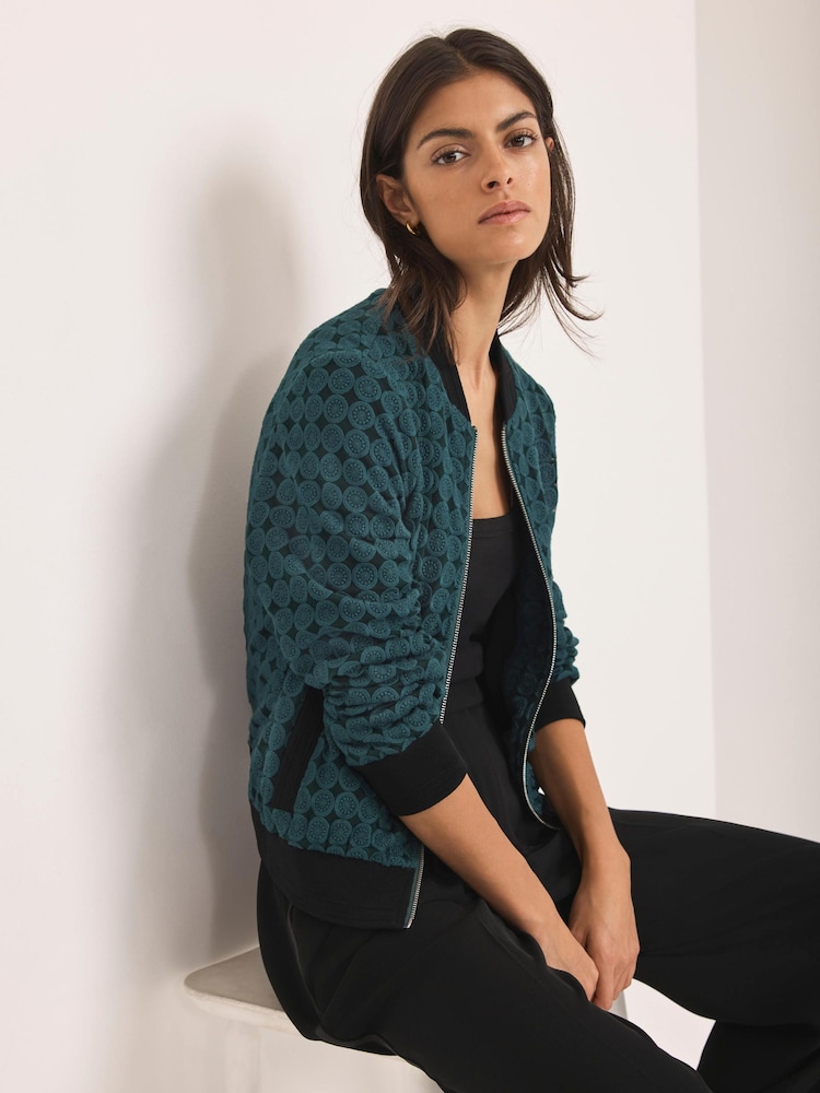 Mint Velvet Green Geometric Lace Bomber Jacket - Image 2 of 7