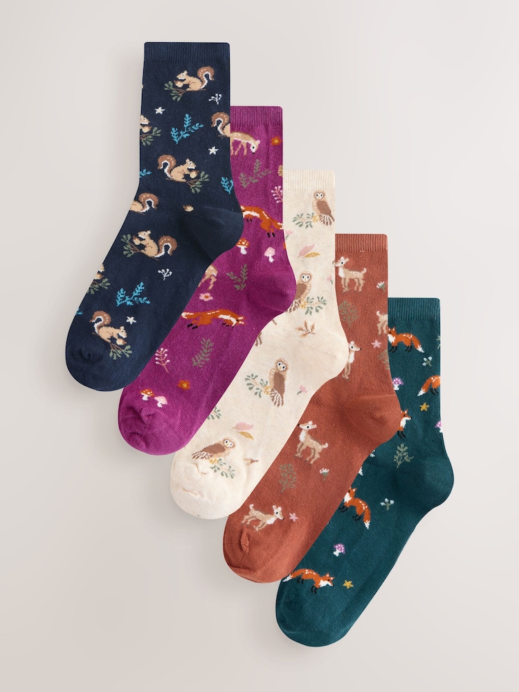 Autumn Animals Print Ankle Socks 5 Pack - Image 1 of 8 Autumn Animals Print Ankle Socks 5 Pack - Image 1 of 8