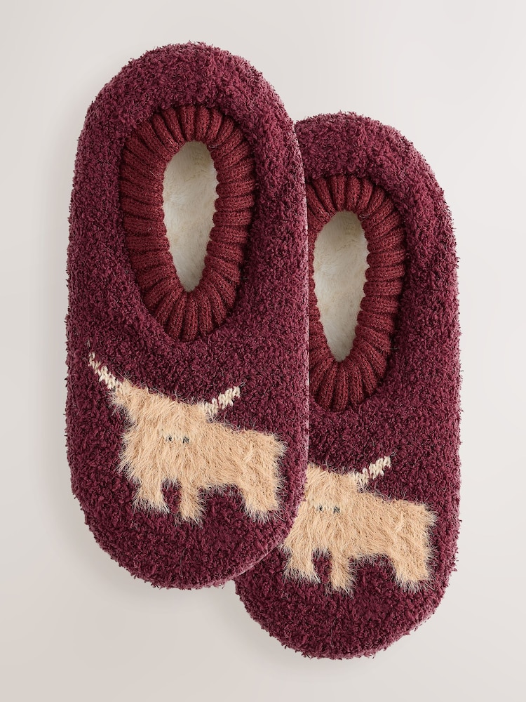 Berry Red Hamish The Highland Cow Footsie Slipper Socks 1 Pack - Image 1 of 6 Berry Red Hamish The Highland Cow Footsie Slipper Socks 1 Pack - Image 1 of 6