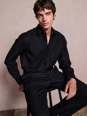 أسود - تلبيس قياسي - Cotton Textured Slim Long Sleeve Formal Shirt With Trim - صورة 1 من 7