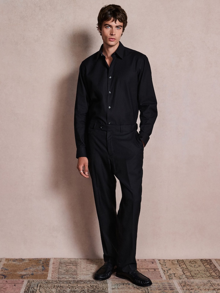 أسود - تلبيس قياسي - Cotton Textured Slim Long Sleeve Formal Shirt With Trim - صورة 2 من 7