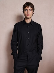 أسود - تلبيس قياسي - Cotton Textured Slim Long Sleeve Formal Shirt With Trim - صورة 4 من 7