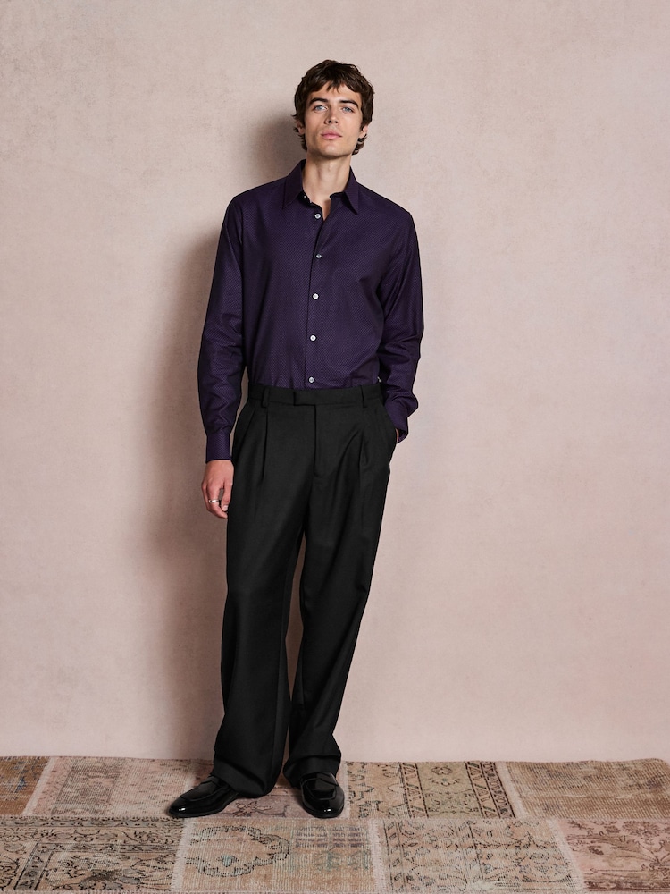 أرجواني - تلبيس قياسي - Cotton Textured Slim Long Sleeve Formal Shirt With Trim - صورة 2 من 7