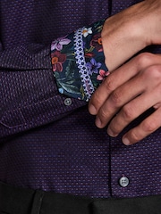 أرجواني - تلبيس قياسي - Cotton Textured Slim Long Sleeve Formal Shirt With Trim - صورة 6 من 7