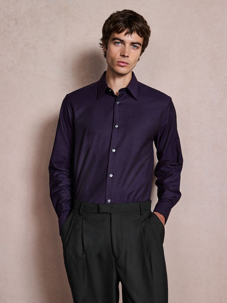 أرجواني - تلبيس قياسي - Cotton Textured Slim Long Sleeve Formal Shirt With Trim - صورة 7 من 7
