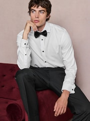 White Regular Fit Occasion Cotton Rich Textured Double Cuff Shirt And Black Satin Bow Tie Set - Image 2 of 10