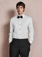 White Regular Fit Occasion Cotton Rich Textured Double Cuff Shirt And Black Satin Bow Tie Set - Image 4 of 10