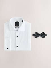 White Regular Fit Occasion Cotton Rich Textured Double Cuff Shirt And Black Satin Bow Tie Set - Image 8 of 10