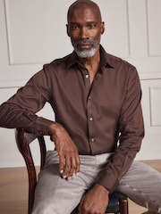Brown Slim Fit Signature Cotton Modal Blend Smart Shirt With Contrast Trim - Image 1 of 9