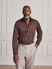Brown Slim Fit Signature Cotton Modal Blend Smart Shirt With Contrast Trim - Image 3 of 9