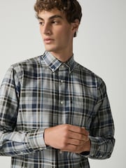 Grey Regular Fit Easy Iron Button Down Long Sleeve Oxford Check Shirt - Image 1 of 7