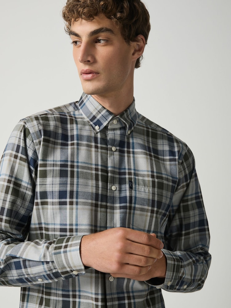 Grey Regular Fit Easy Iron Button Down Long Sleeve Oxford Check Shirt - Image 1 of 7 Grey Regular Fit Easy Iron Button Down Long Sleeve Oxford Check Shirt - Image 1 of 7