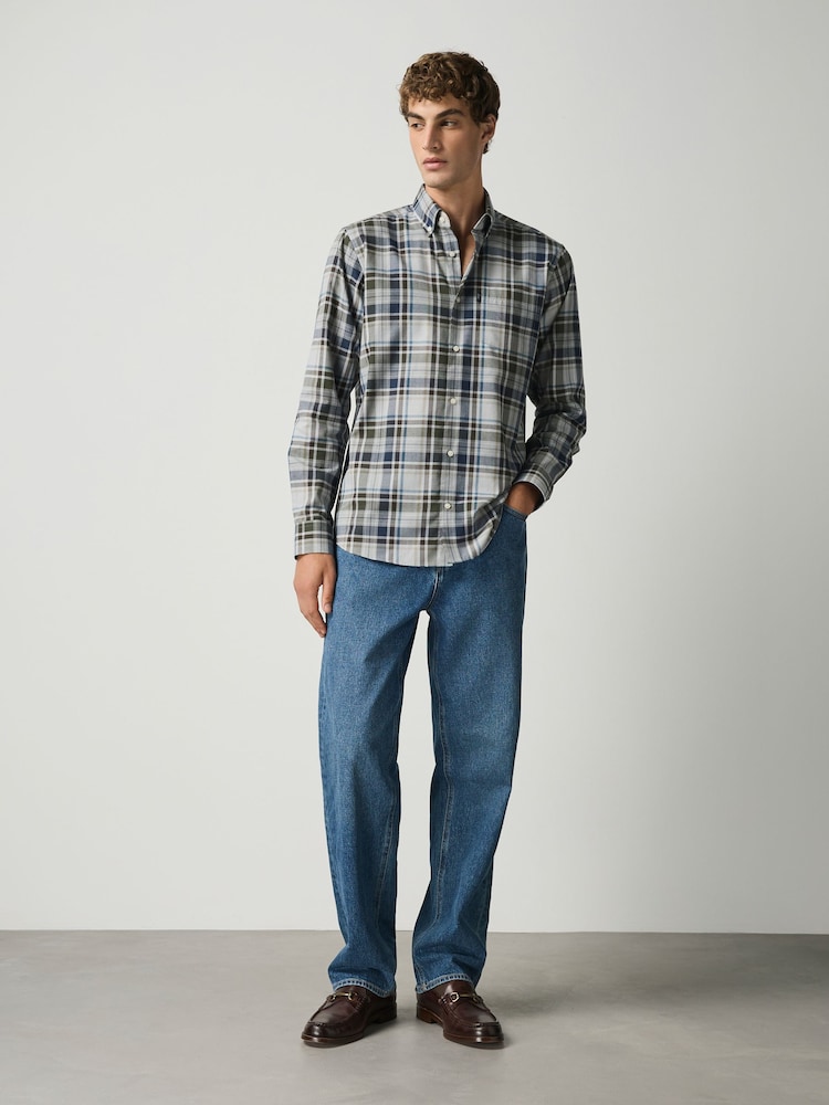 Grey Regular Fit Easy Iron Button Down Long Sleeve Oxford Check Shirt - Image 2 of 7 Grey Regular Fit Easy Iron Button Down Long Sleeve Oxford Check Shirt - Image 2 of 7