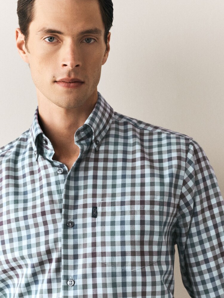 Grey Regular Fit Easy Iron Button Down Long Sleeve Oxford Check Shirt - Image 5 of 5 Grey Regular Fit Easy Iron Button Down Long Sleeve Oxford Check Shirt - Image 5 of 5