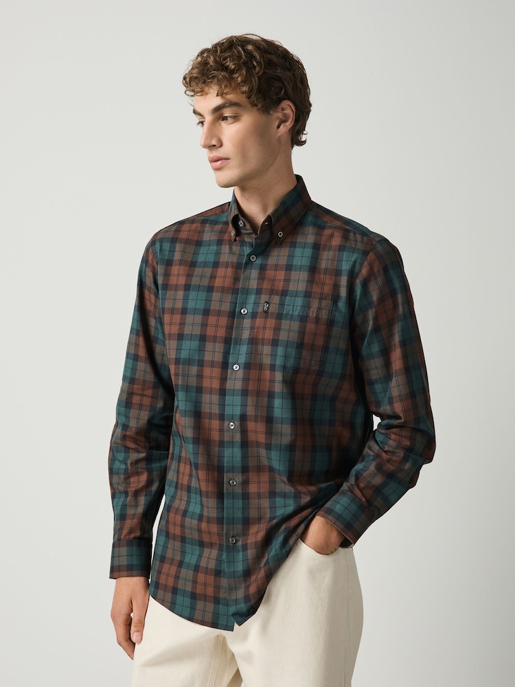 Orange Regular Fit Easy Iron Button Down Long Sleeve Oxford Check Shirt - Image 2 of 7 Orange Regular Fit Easy Iron Button Down Long Sleeve Oxford Check Shirt - Image 2 of 7