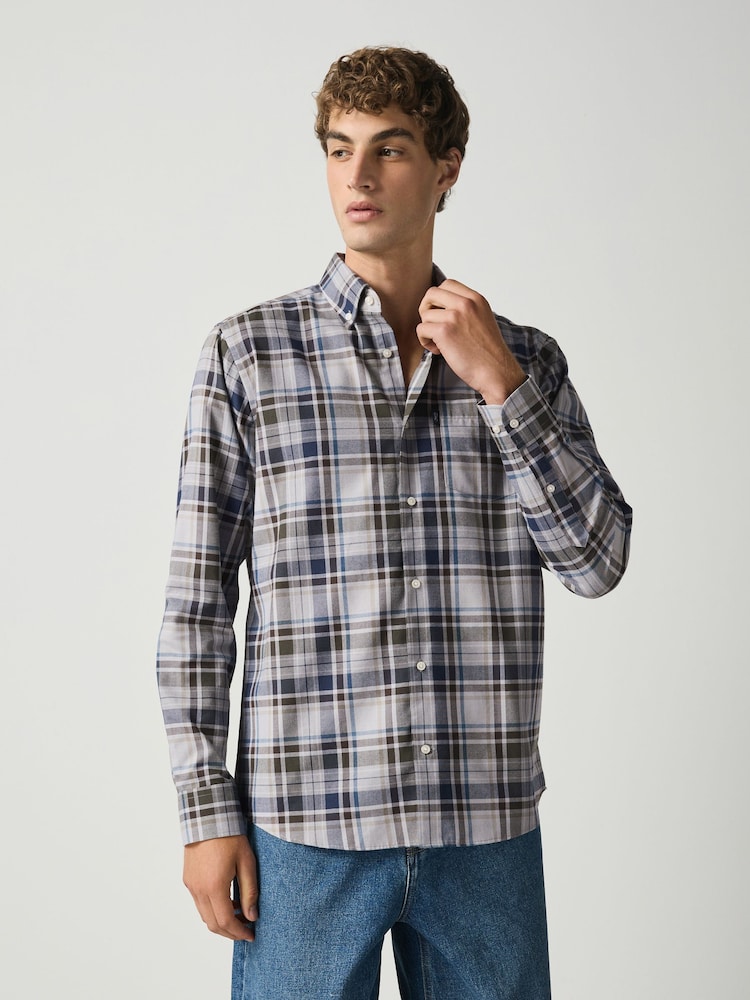 Grey Marl Regular Fit Easy Iron Button Down Long Sleeve Oxford Check Shirt - Image 2 of 4