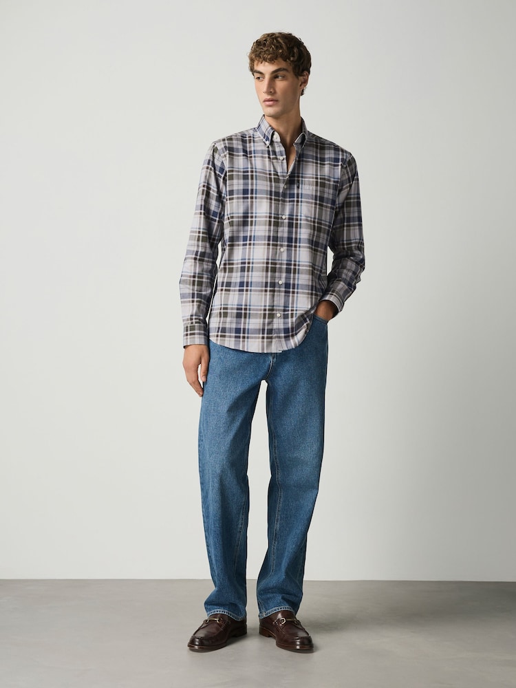 Grey Marl Regular Fit Easy Iron Button Down Long Sleeve Oxford Check Shirt - Image 4 of 4
