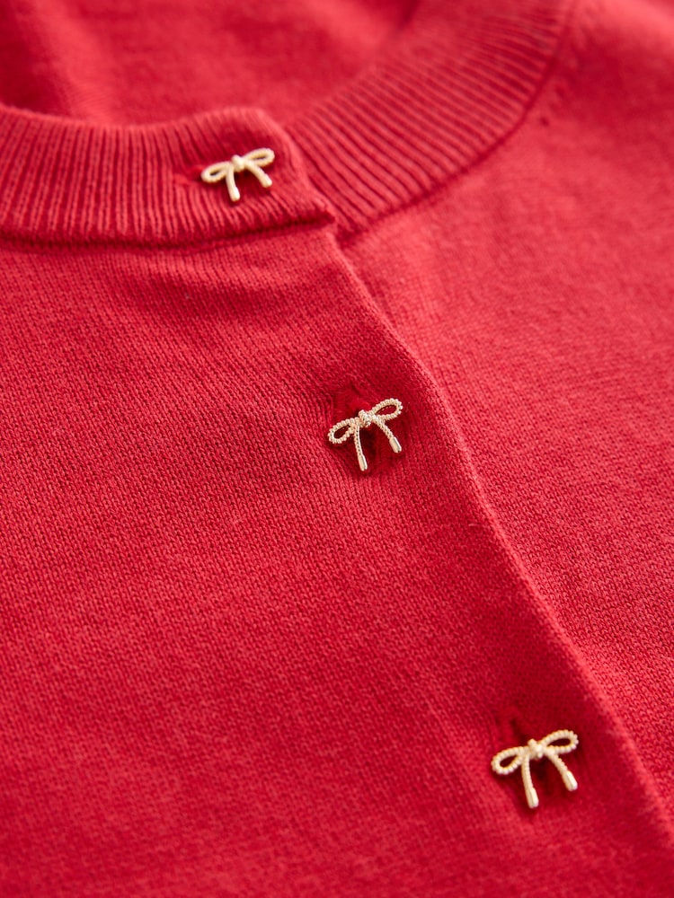 Red Bow Buttons Soft Touch Cotton Rich Crew Neck Cardigan - Image 2 of 3