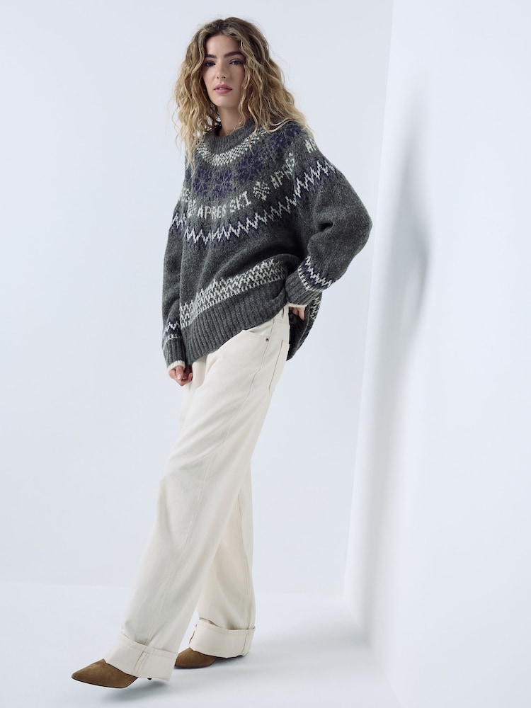 Grey/White Long Sleeve Crew Neck Knitted Jumper - Image 2 of 8 Grey/White Long Sleeve Crew Neck Knitted Jumper - Image 2 of 8