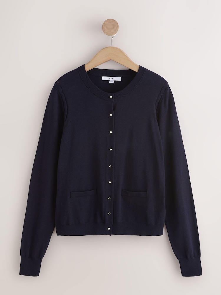 Navy Soft Touch Cotton Rich Crew Neck Cardigan - Image 1 of 3