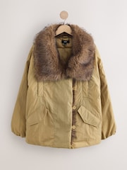 Sand Faux Fur Trim Parka Bomber Jacket - Image 1 of 3